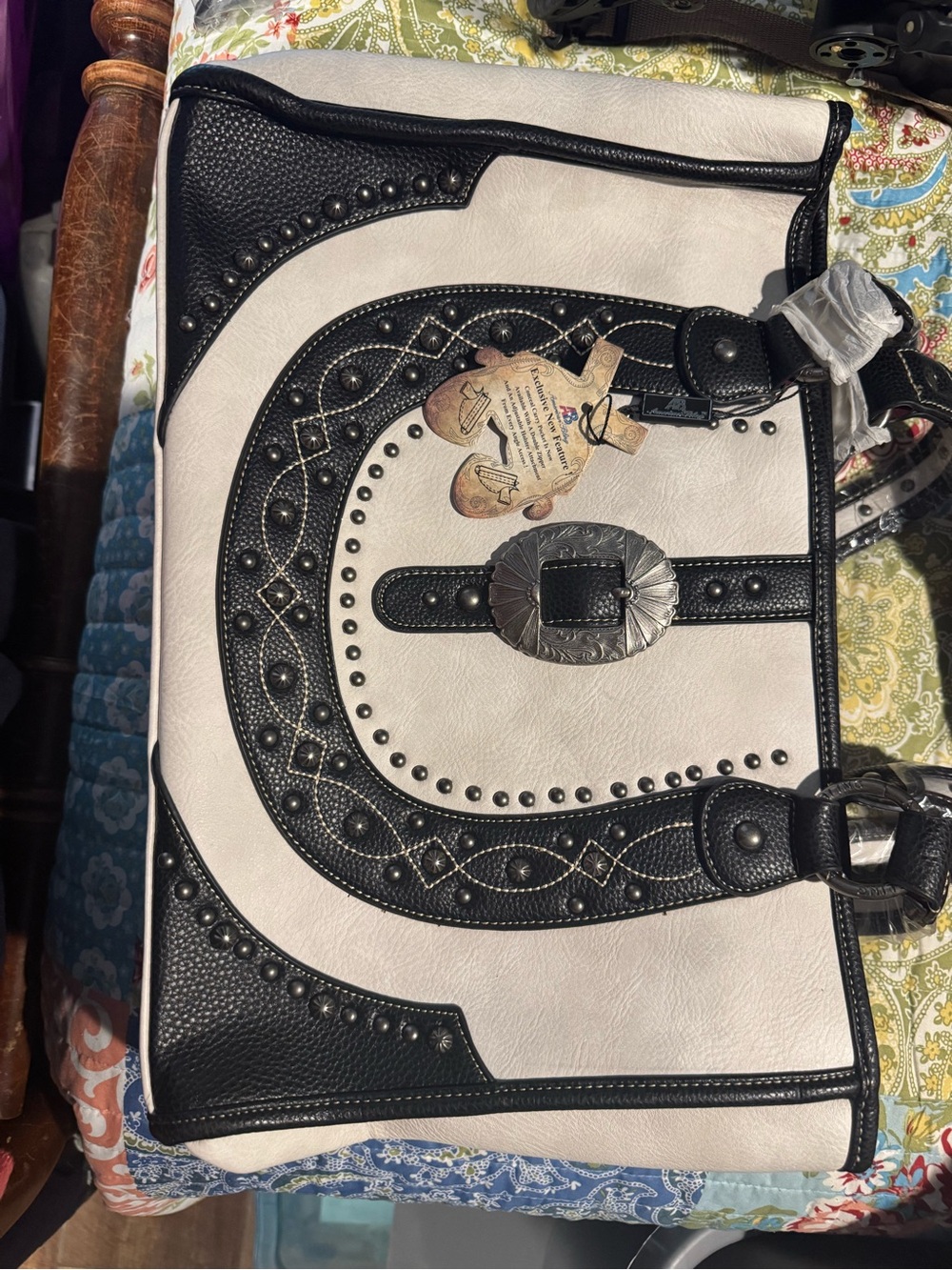 Black & White Studded Western-Accent Shoulder Bag
